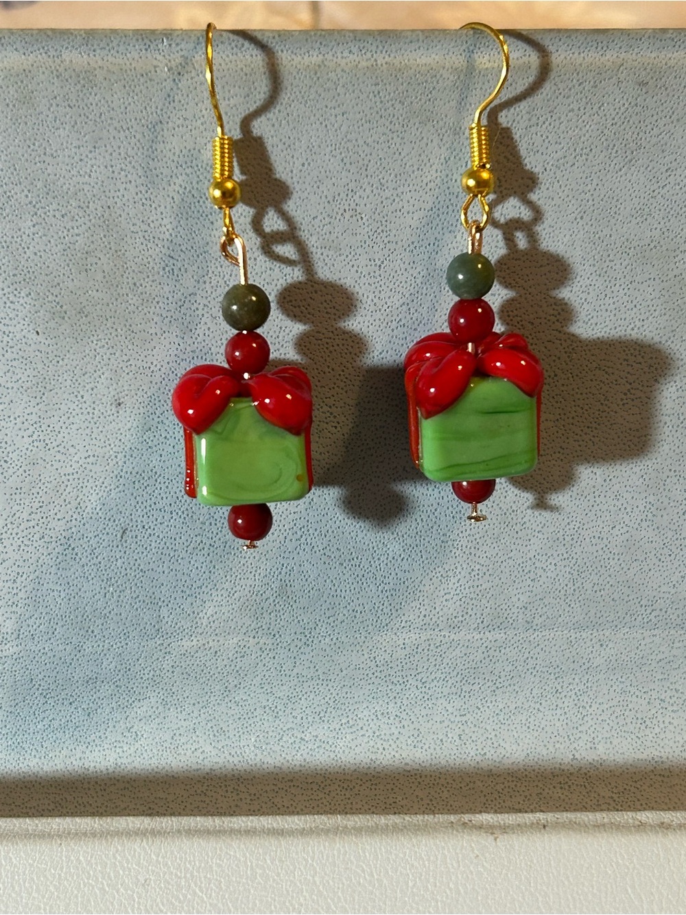 Red & Green Gift Box Glass Bead Earrings